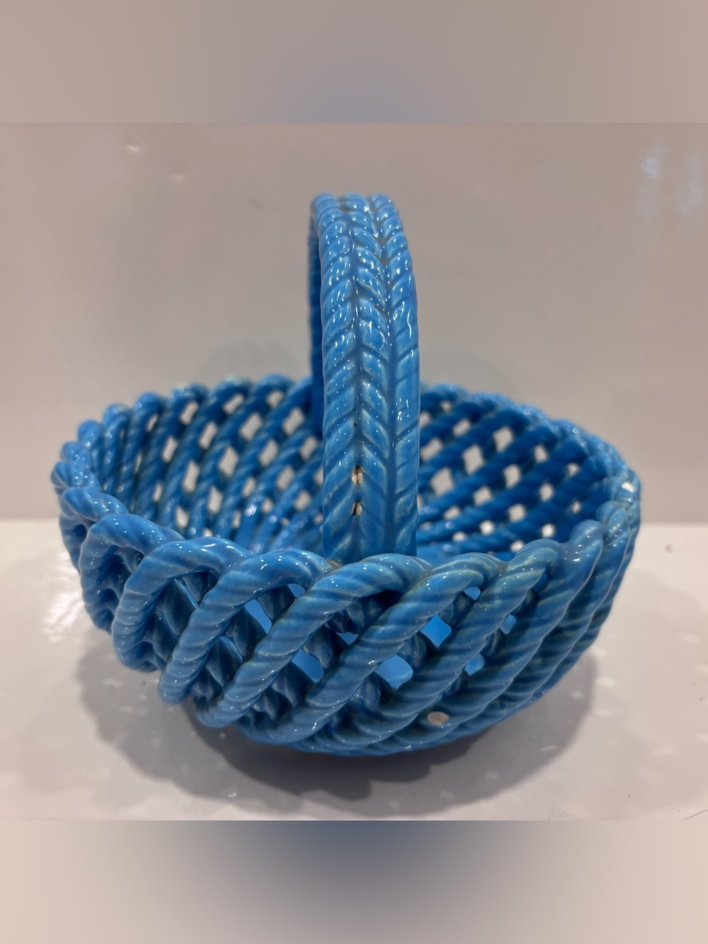 Vintage Blue Ceramic Woven Basket / Rope Basket Planter Candy Dish Easter Basket